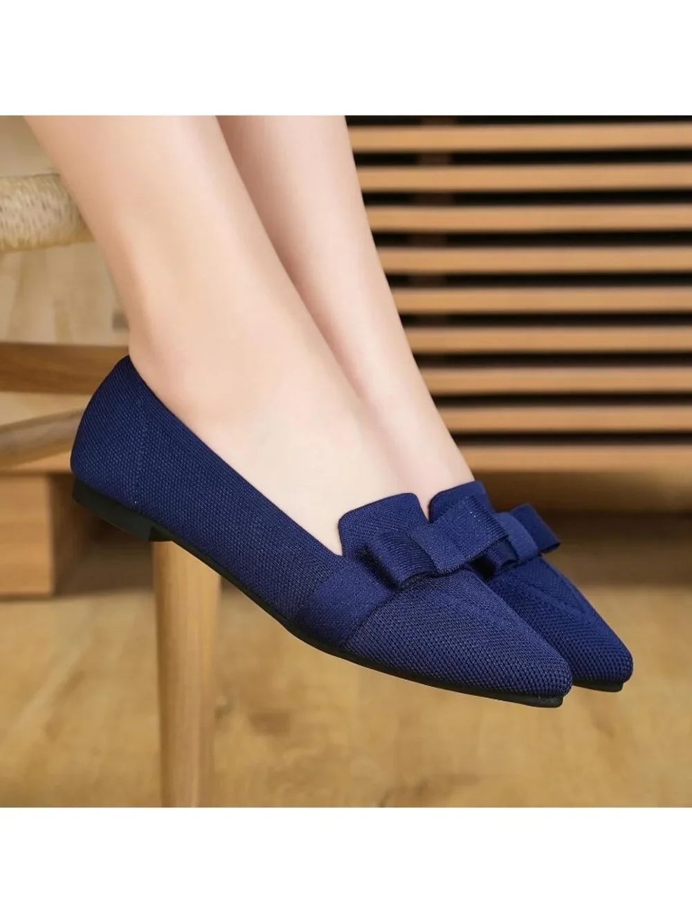 Women's Navy Rubber Soft Knit Breathable Pointed Toe Ballet Flats Casual Shoes